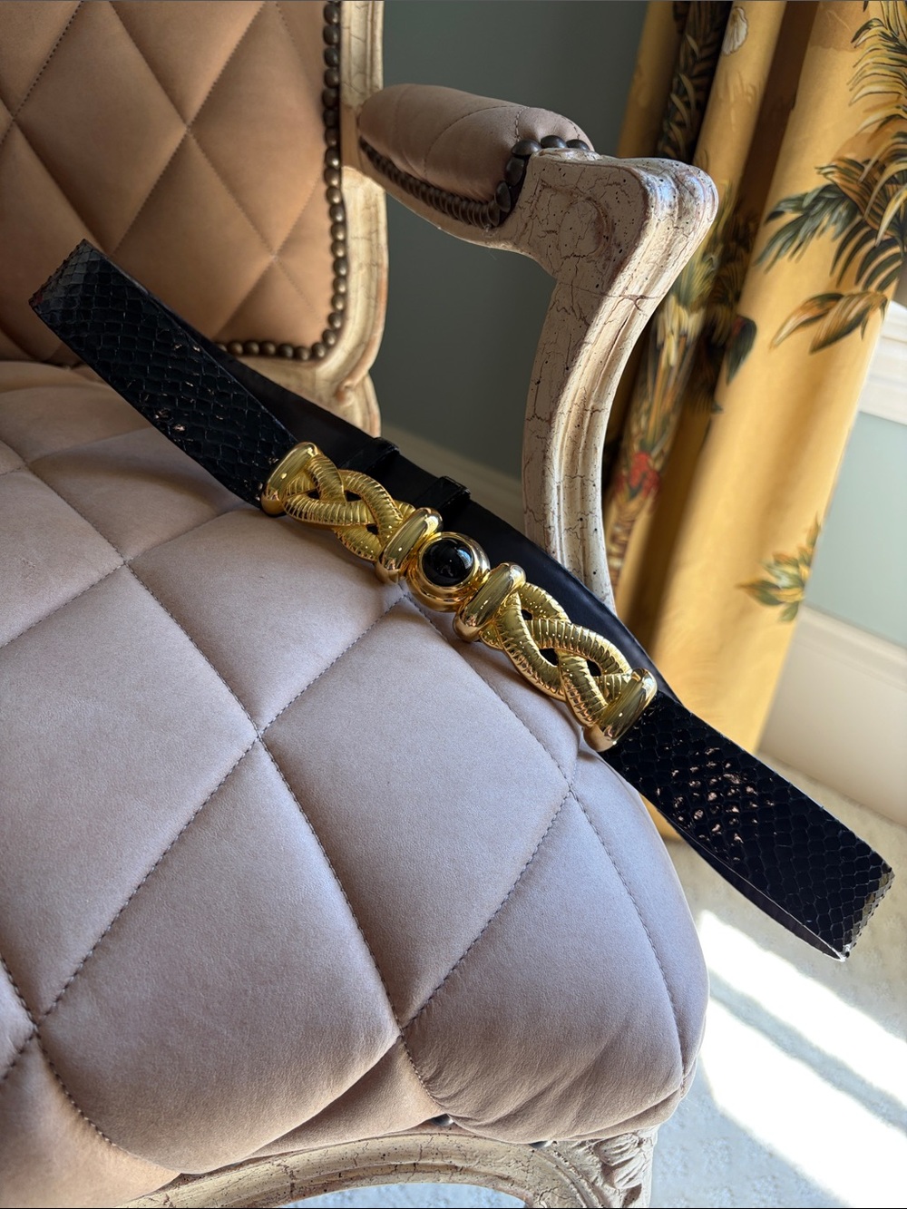 Judith Leiber Black Snakeskin Belt with Gold Twisted Buckle and Onyx Accent